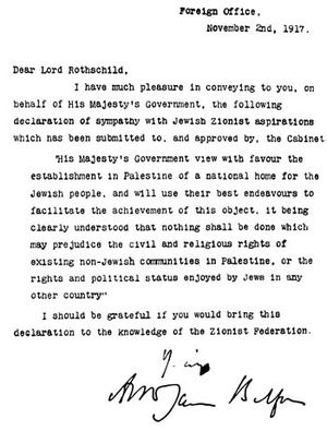 The unmarked Balfour Declaration with signature