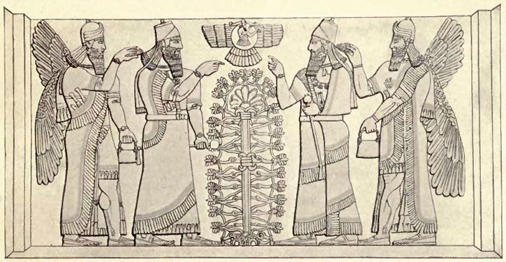 Ashurnasirpal II flanked by winged Apkallu figures