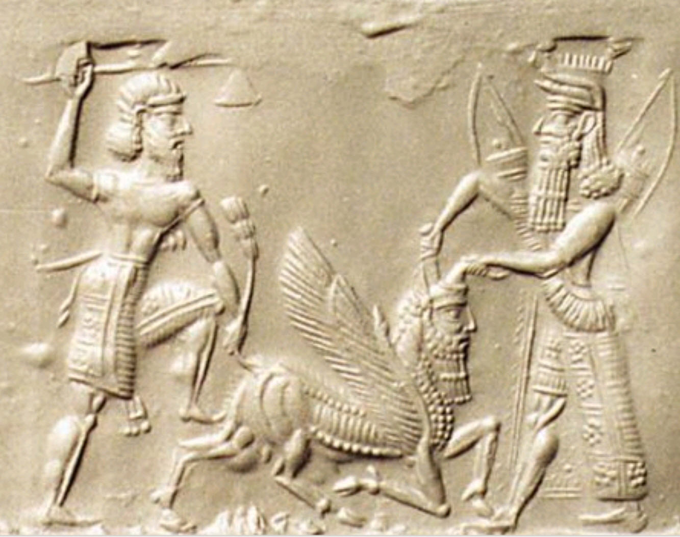 Axe-weilding Enkidu assisting a Crowned sword-weilding Gilgamesh