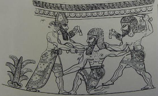 Humbaba being slain by Gilgamesh and Enkidu