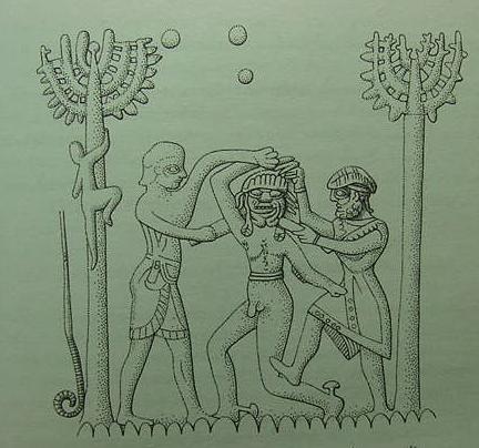 Naked Huwawa is slain and beheaded with swords by a beardless Enkidu and bearded Gilgamesh