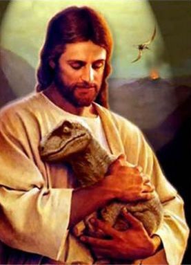 Jesus holding baby dinosaur