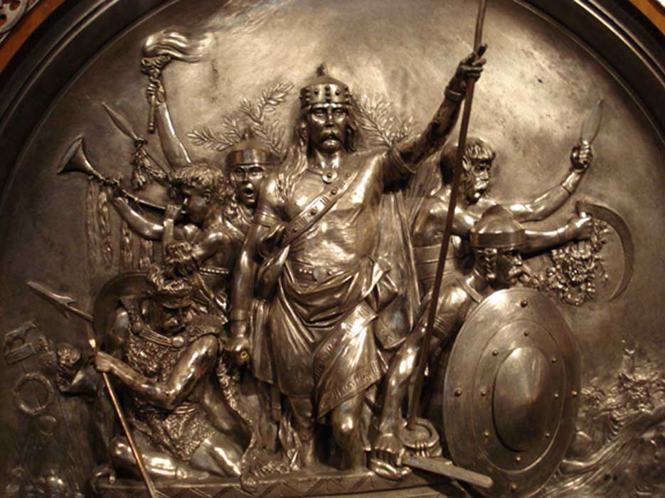 Silvered brass mounting from 1867 depicting Merovech victorious in battle by Emmanuel Frémiet