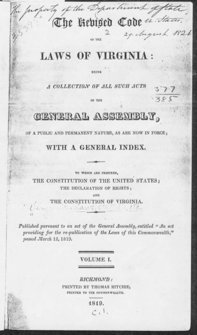 Laws of Virginia Revised Code -- Property of the Department of State Title Page 1819