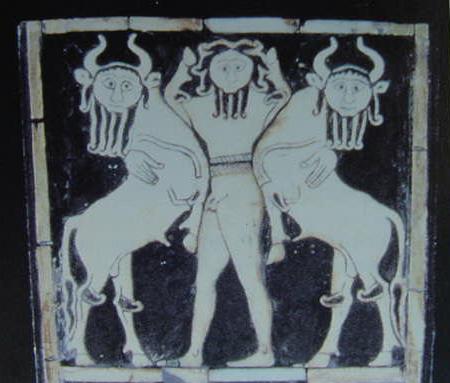 Enkidu Naked Wearing Thong Waist Girdle Embracing Two Bulls