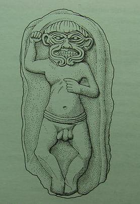 Sumerian Huwawa (Neo-Assyrian: Humbaba), appears in the form of a NAKED man wearing a thong waist girdle.
