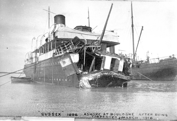 SS Sussex torpedo incident 25 March 1916 ashore at Bologne