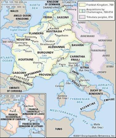 The Carolingian empire and (inset) divisions after the Treaty of Verdun, 843.