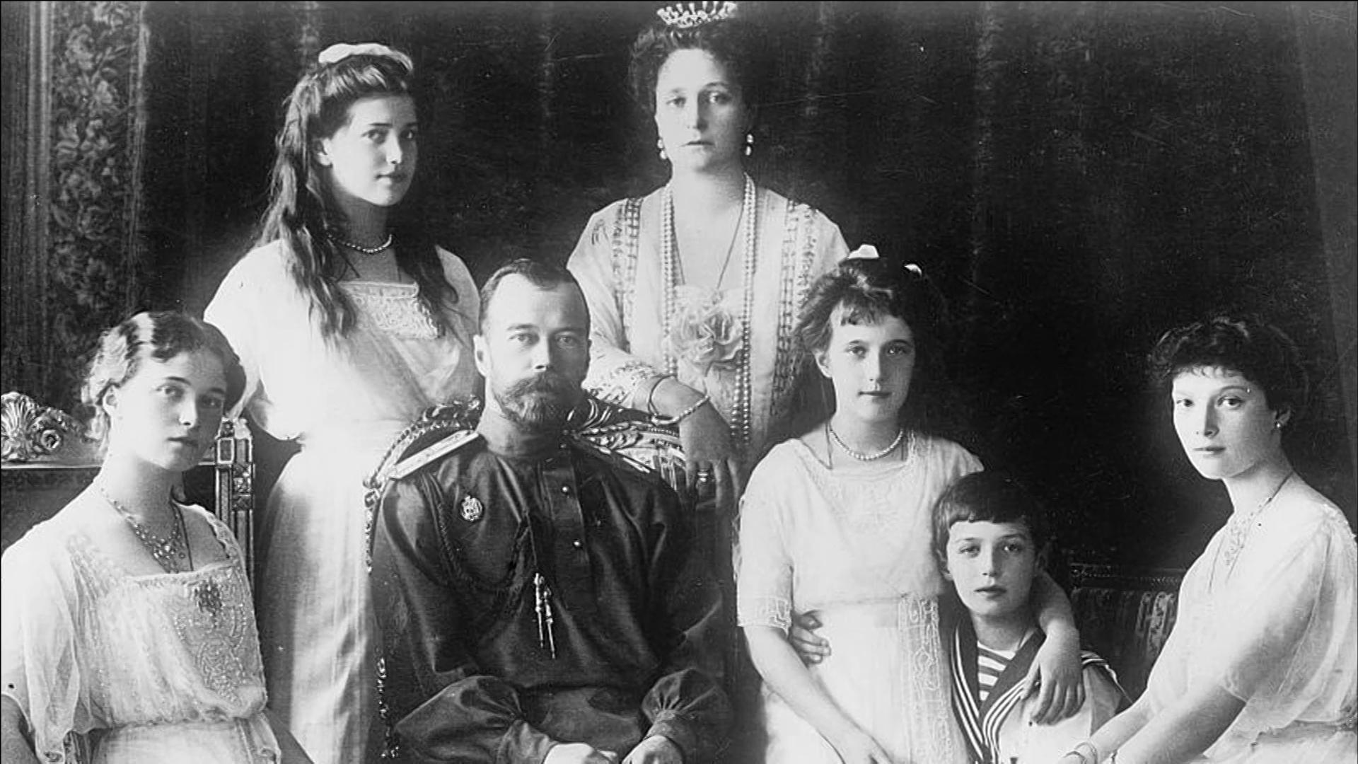 The Russian Imperial Romanov family - Tsar Nicholas II, his wife Tsarina Alexandra and their five children Olga, Tatiana, Maria, Anastasia, and Alexei.